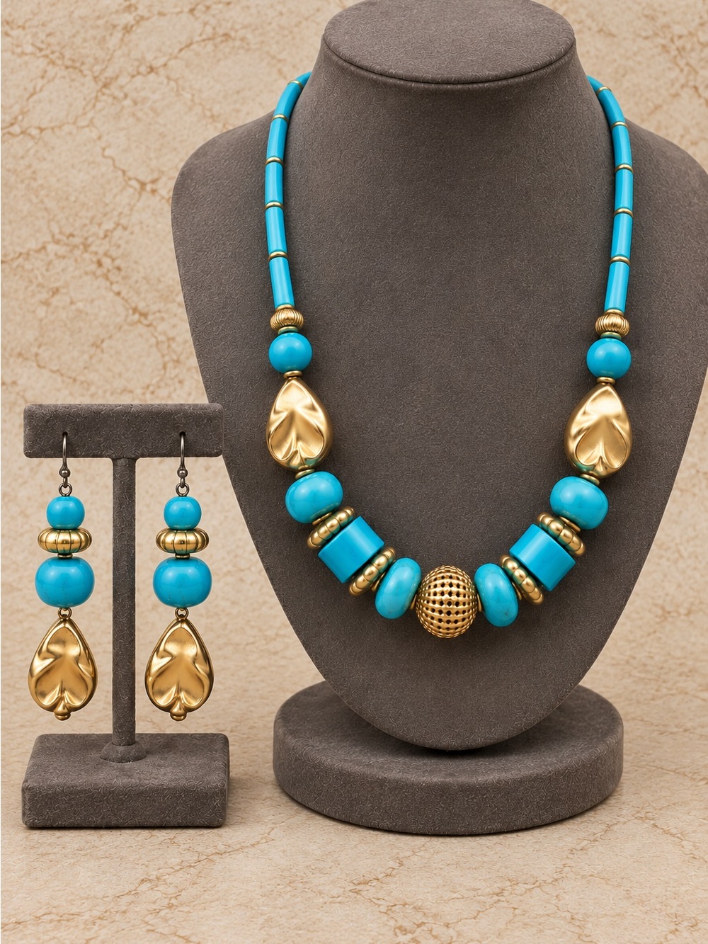 Sarah Coventry Prairie Princess Turquoise and Gold Drop Necklace & Earring Set